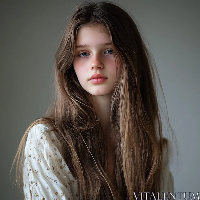 Peaceful Young Woman with Long Hair and Freckles AI Image