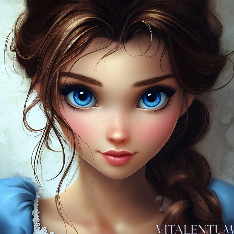 Charming Digital Art of Blue-Eyed Girl with Braid AI Image