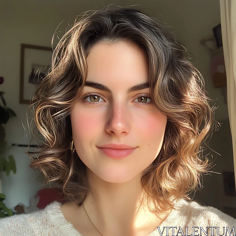 AI ART Peaceful Woman with Curly Hair in Soft Lighting