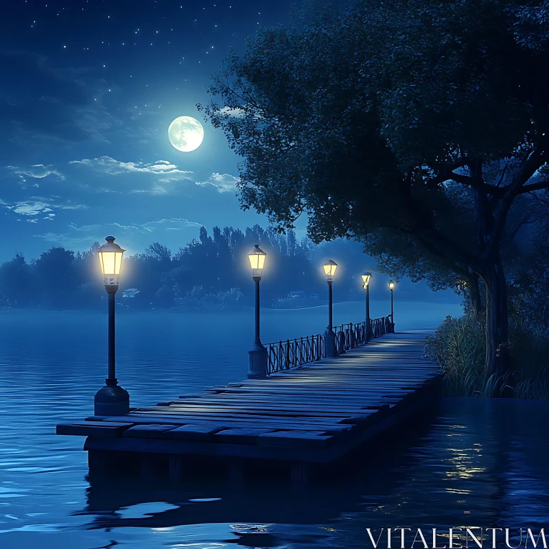 Serene Night Dock Scene with Moonlight AI Image