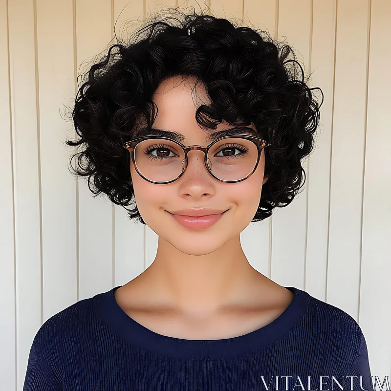 Smiling Woman with Short Curly Hair and Glasses AI Image