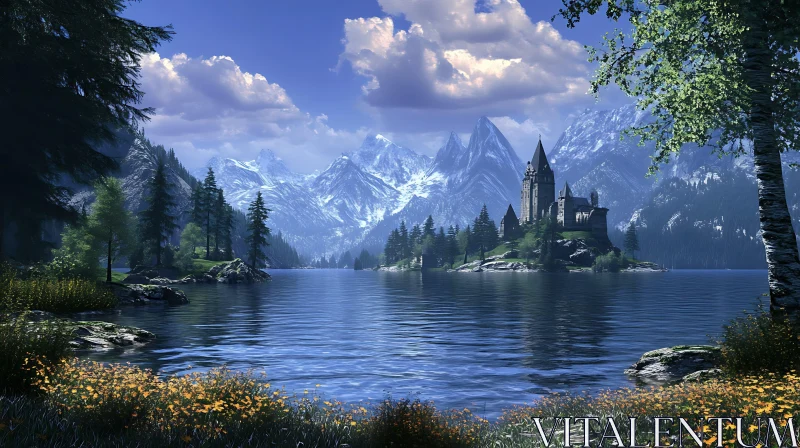 Enchanting Castle on Mountain Lake Island AI Image