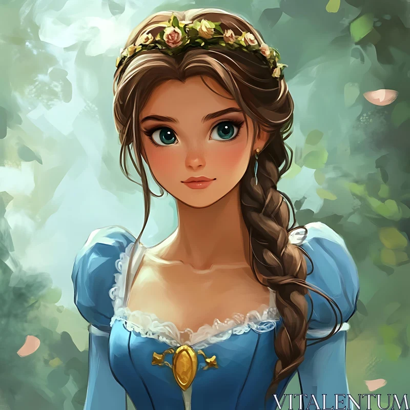 Fantasy Princess in Blue Dress with Floral Crown AI Image