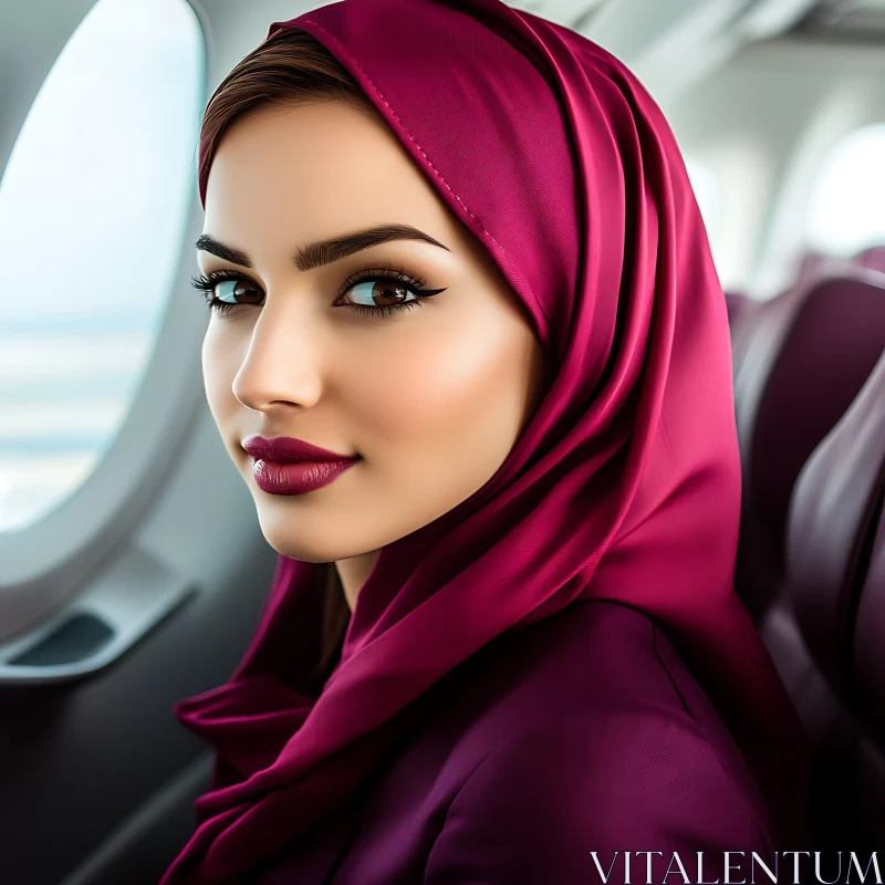 Woman in Magenta Hijab on Airplane AI Image