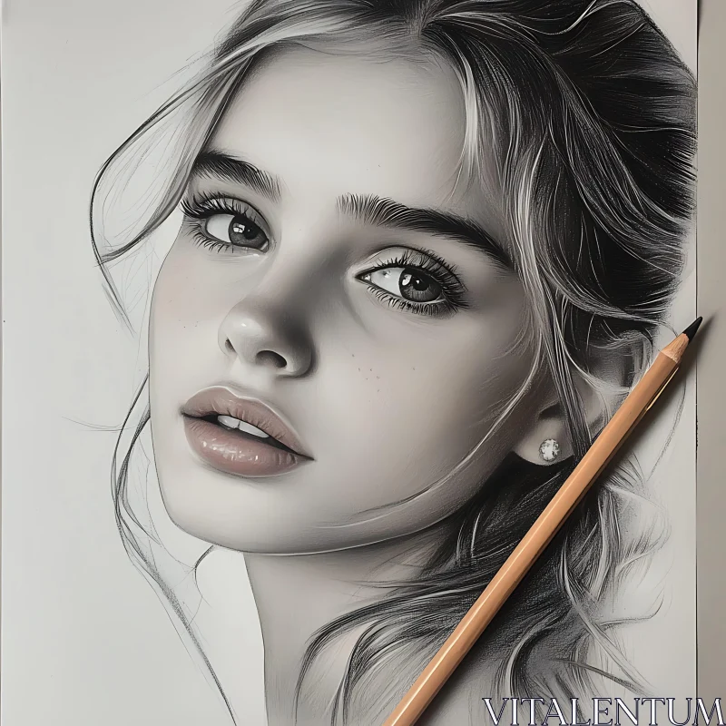 Young Woman Pencil Portrait Art AI Image