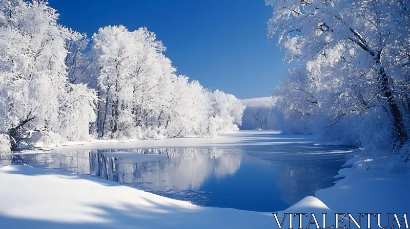 Frozen River Surrounded by Snow-Covered Trees AI Image