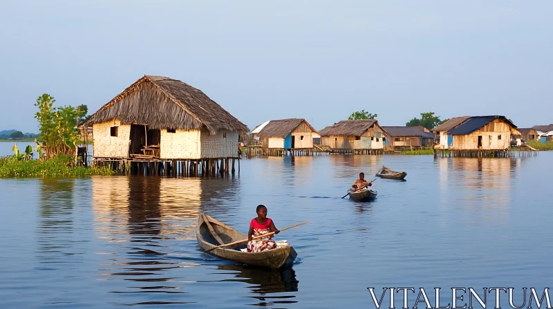 AI ART Peaceful Lake Village with Wooden Canoes