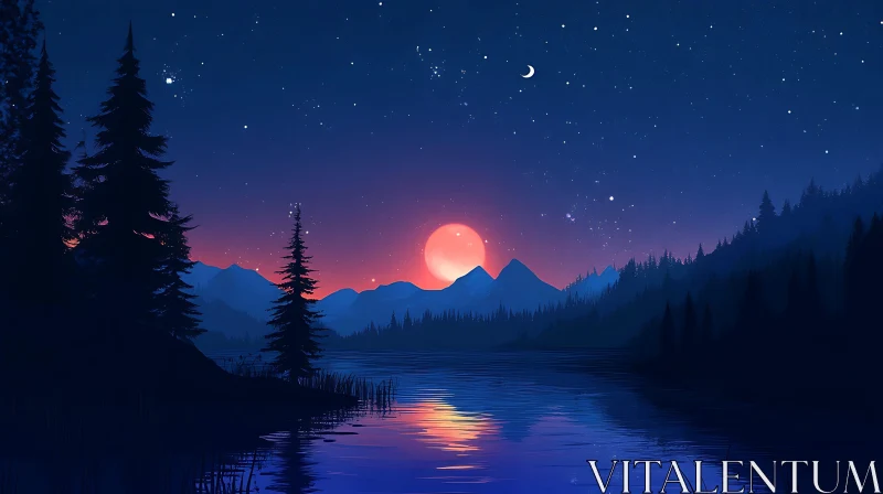 Serene Twilight Scene with Lake, Sunset, and Stars AI Image