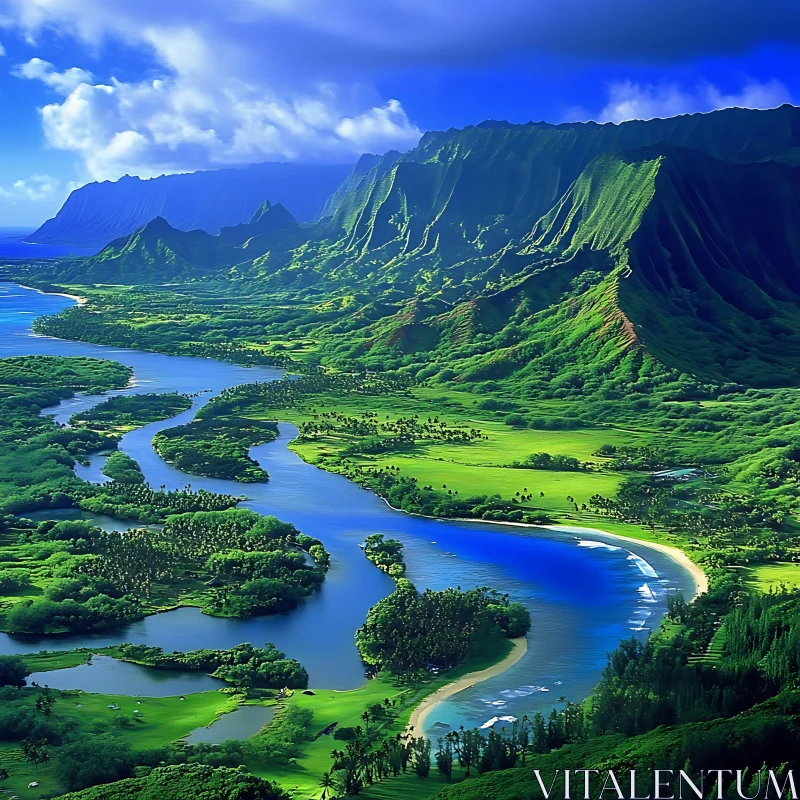 Majestic Mountains and Tranquil River in Green Valley AI Image