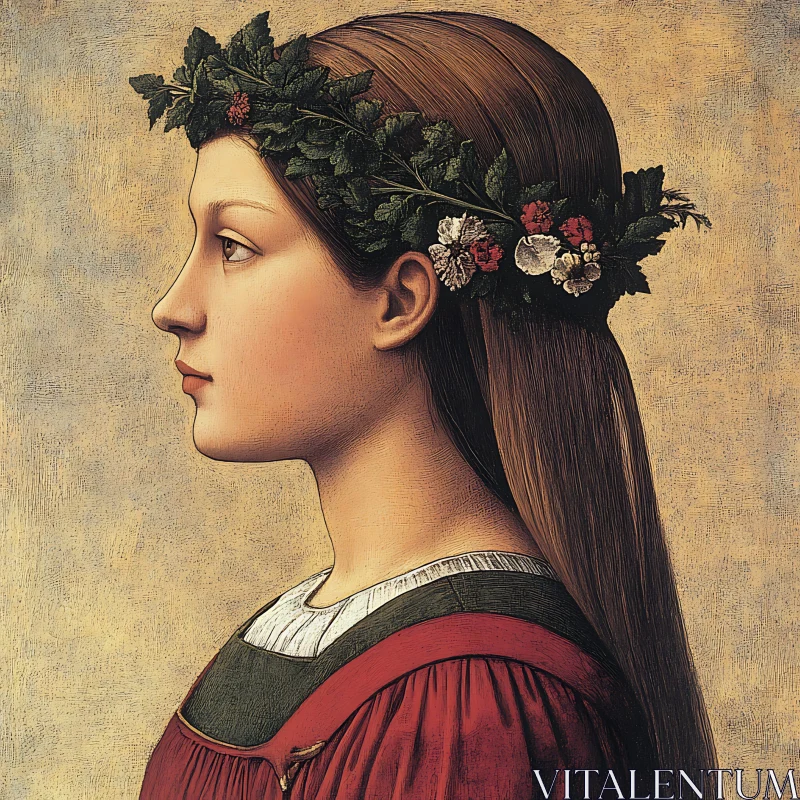 Classic Renaissance Portrait of Woman with Leafy Wreath AI Image