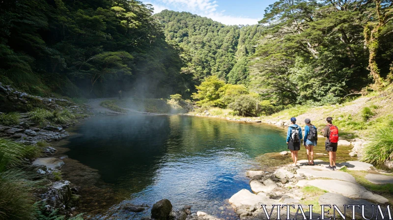 Hikers by the Tranquil River in a Verdant Forest AI Image