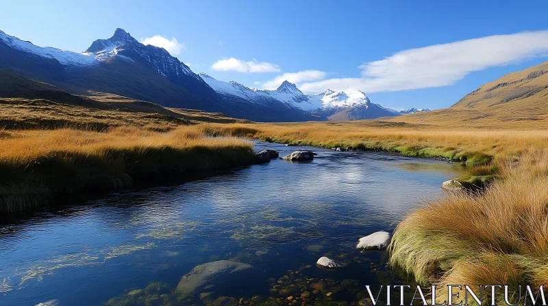 Serene River and Snow-Capped Mountains under Blue Sky AI Image