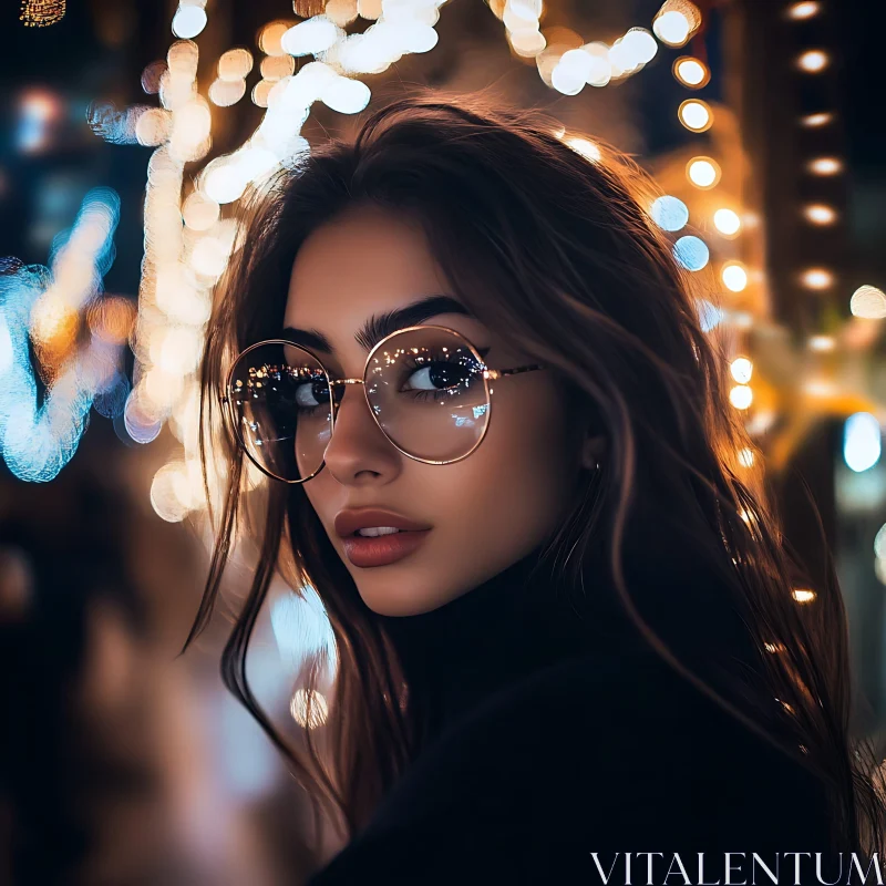 AI ART Nighttime Close-Up Portrait of a Woman with Glasses