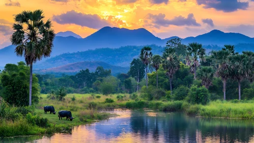 Sunset Scene with Lush Greenery and Grazing Cows