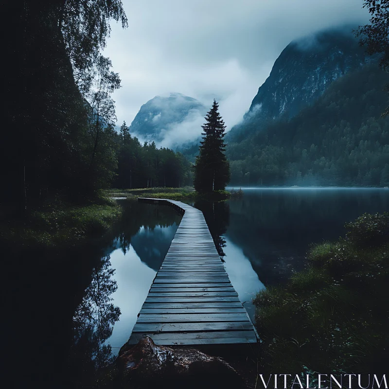 Tranquil Pathway Through Misty Forest AI Image