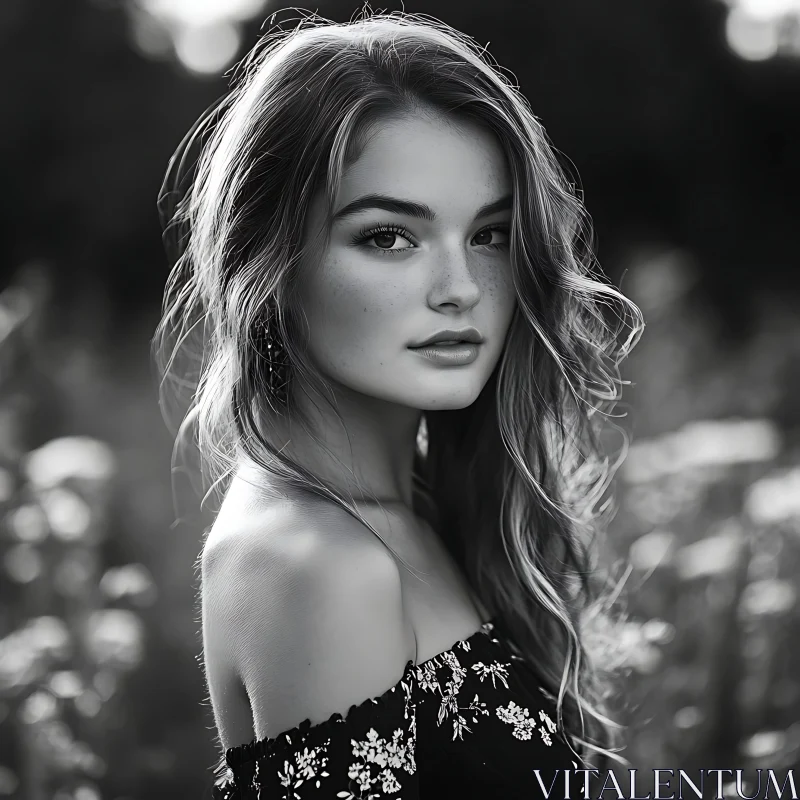 Serene Black and White Outdoor Portrait AI Image