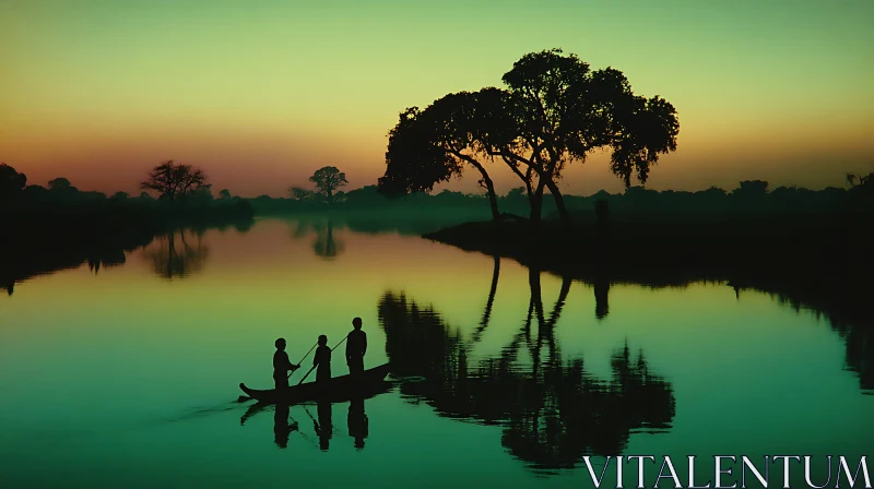 Sunset Boat Silhouettes on Calm Reflective Lake AI Image