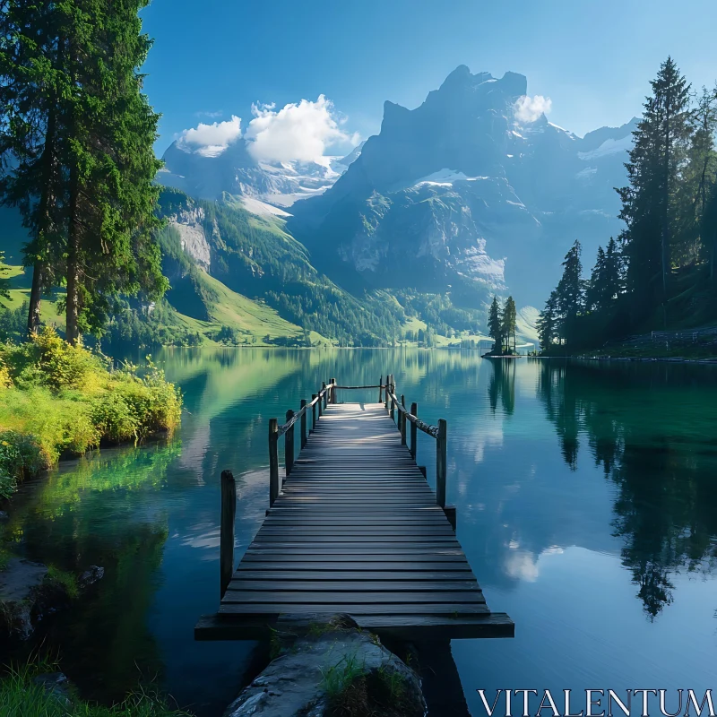 Peaceful Lake View with Dock and Mountains AI Image