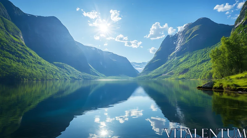 Tranquil Mountain Lake with Reflective Waters AI Image