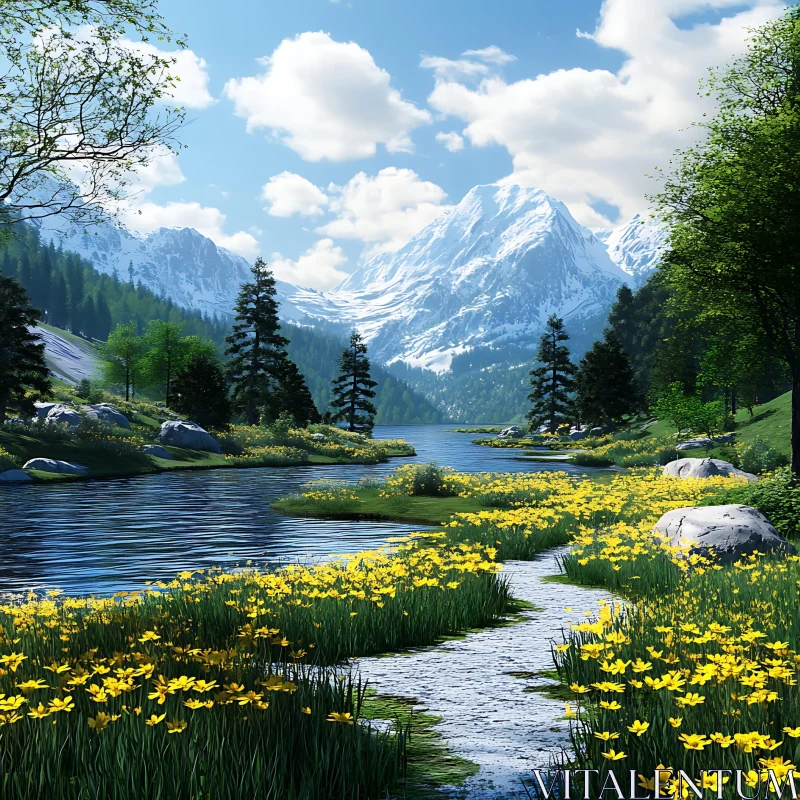 AI ART Idyllic Mountain Landscape with Lake and Blooming Wildflowers