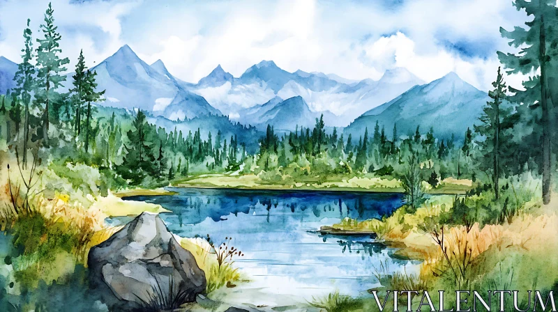 Serene Lake and Mountains Landscape in Watercolor AI Image