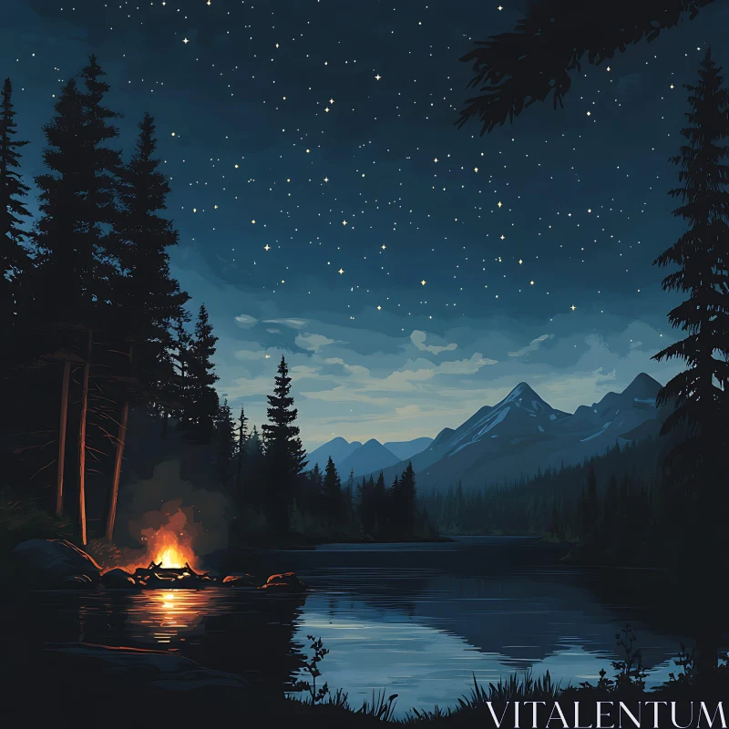 Tranquil Nighttime Campfire by a Lake AI Image