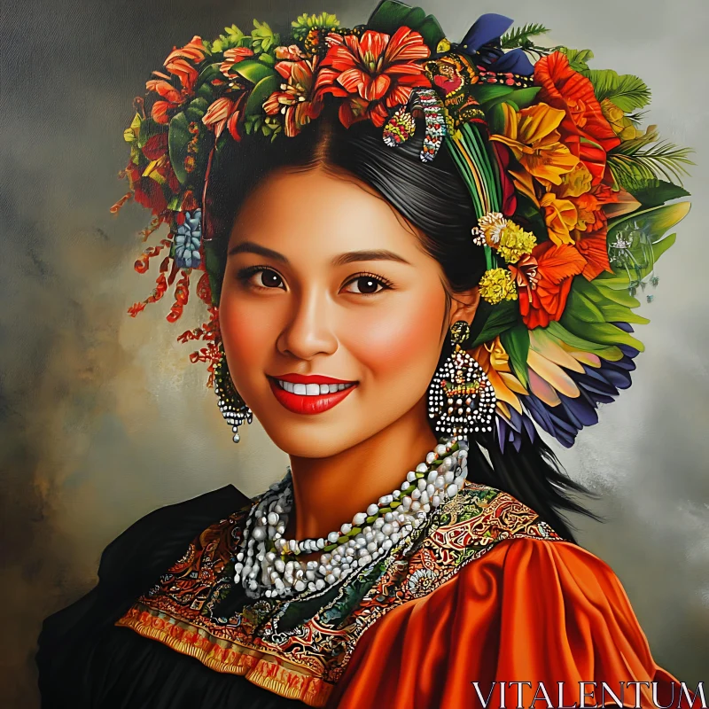 Elegant Woman in Traditional Attire and Floral Headdress AI Image