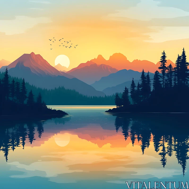 Peaceful Sunset Mountain Landscape AI Image