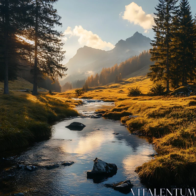 Golden Hour in Tranquil Mountain Landscape AI Image