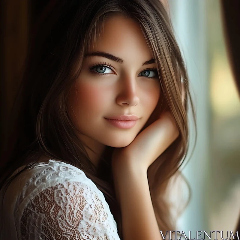 Beautiful Woman with Blue Eyes and Lace Detail AI Image