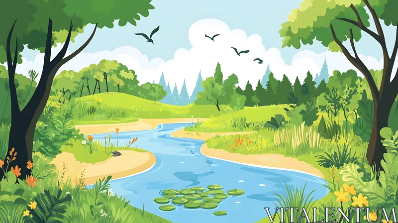 Peaceful River and Forest Landscape with Soaring Birds AI Image