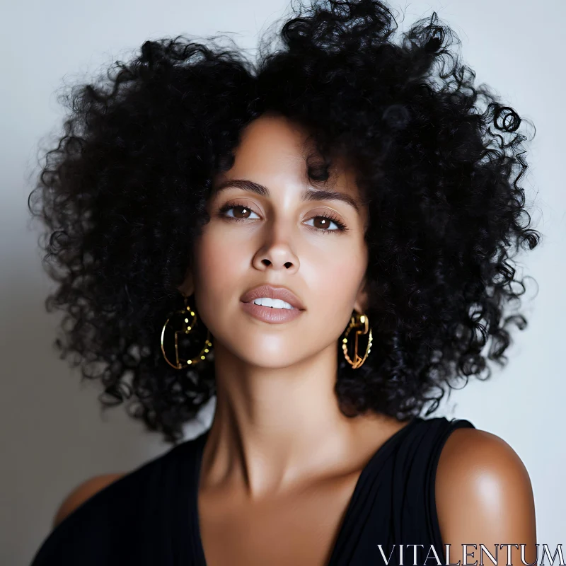 Elegant Woman with Curly Hair and Hoop Earrings AI Image