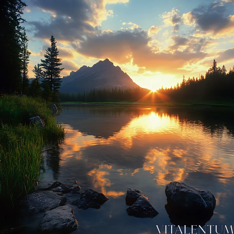 AI ART Mountain Sunset Reflecting on Tranquil Lake