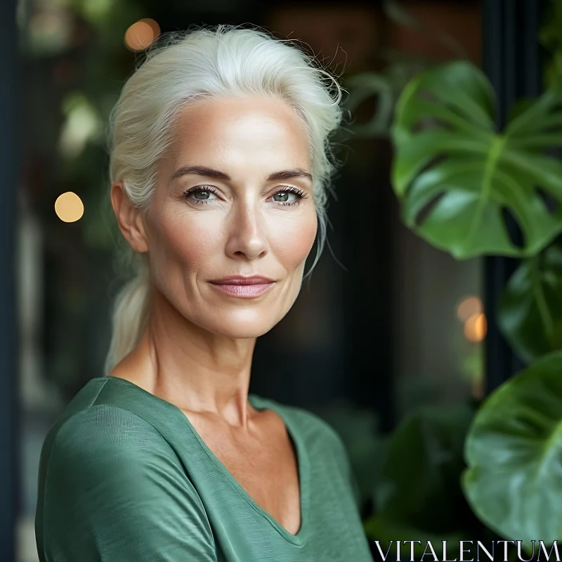 Confident Silver-Haired Woman with Green Leaves AI Image