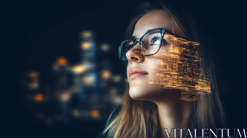 AI ART Pensive Woman with Digital Cityscape Overlay