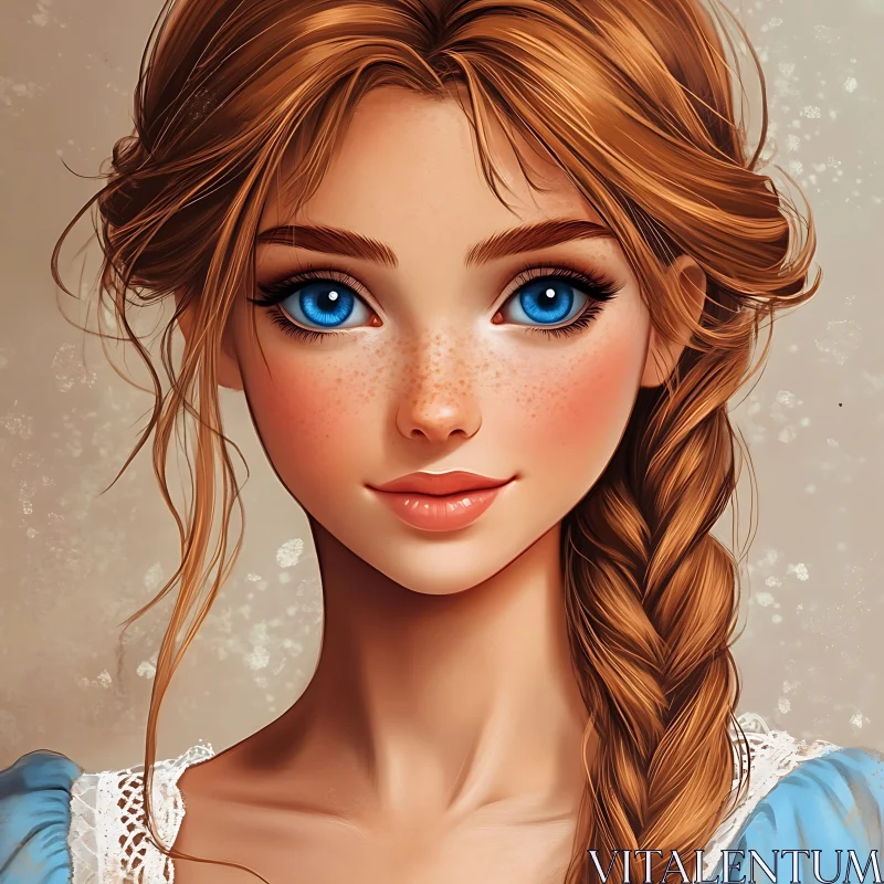 Digital Painting of Freckled Young Woman with Auburn Braid AI Image