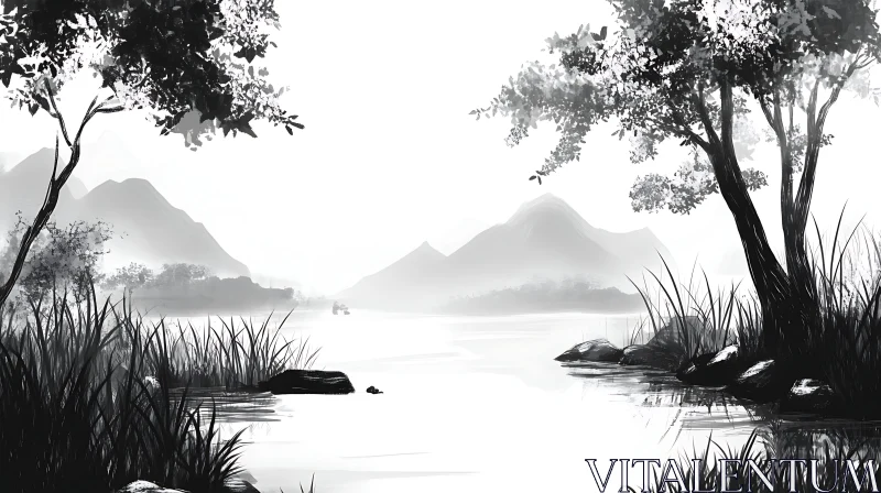 Serene Black and White Landscape with Lake and Trees AI Image