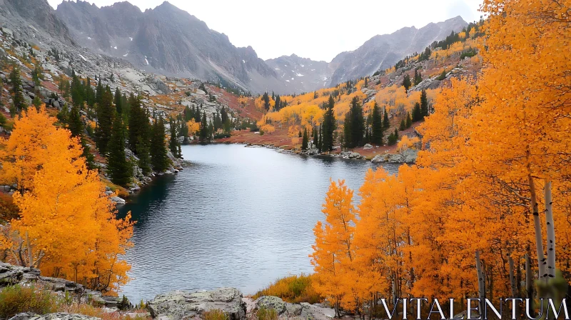 Calm Lake with Autumn Trees and Mountain Backdrop AI Image