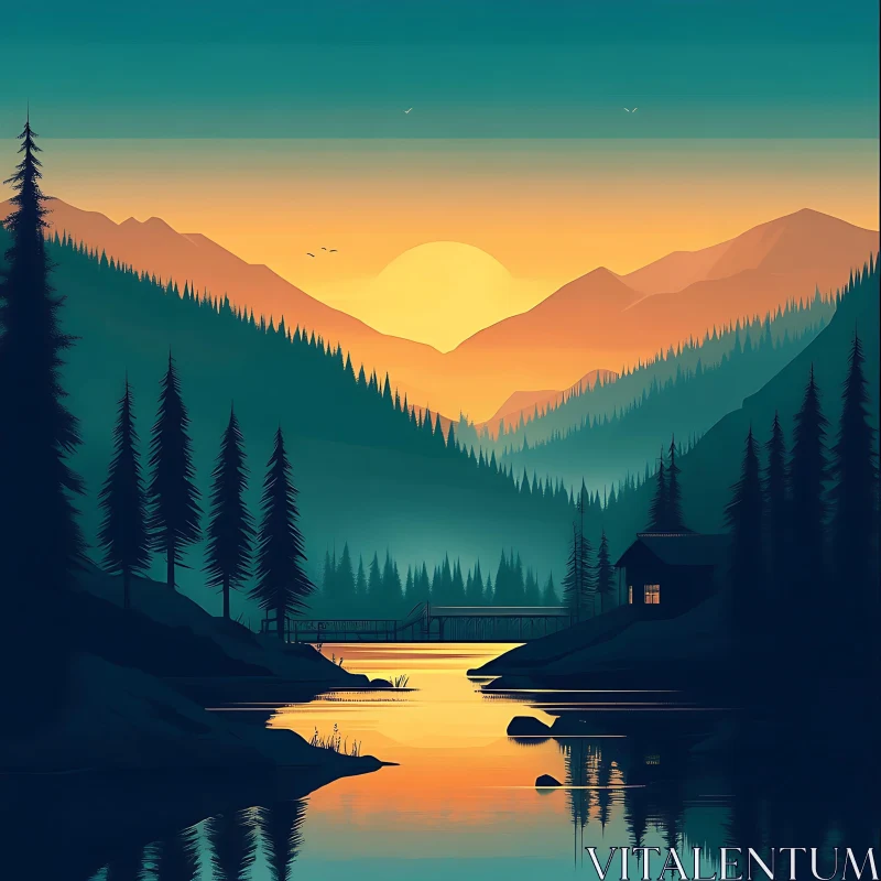 Sunset Serenity: Mountain and River Cabin AI Image