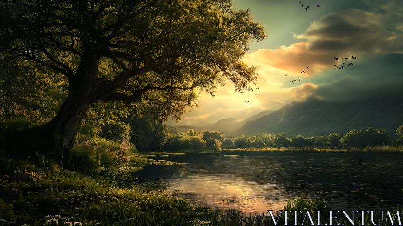 Peaceful Lakeside Sunset with Birds and Majestic Mountains AI Image