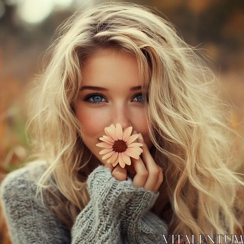 Blonde Woman with Blue Eyes Holding Daisy AI Image