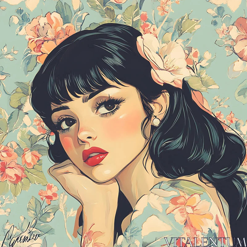 Vintage Floral Woman Portrait Art AI Image