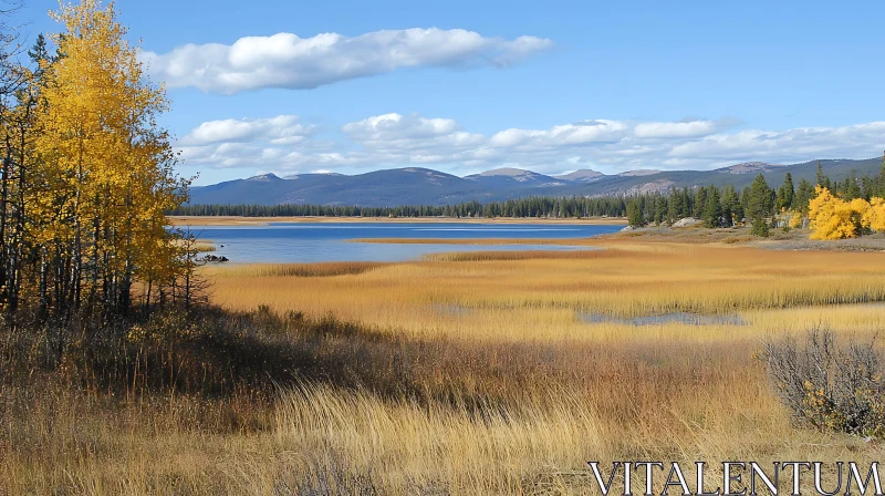 Peaceful Autumn Lake with Mountain View AI Image