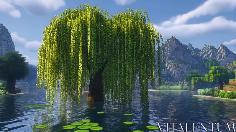 Tranquil Willow Tree Overlooking a Pristine Lake AI Image