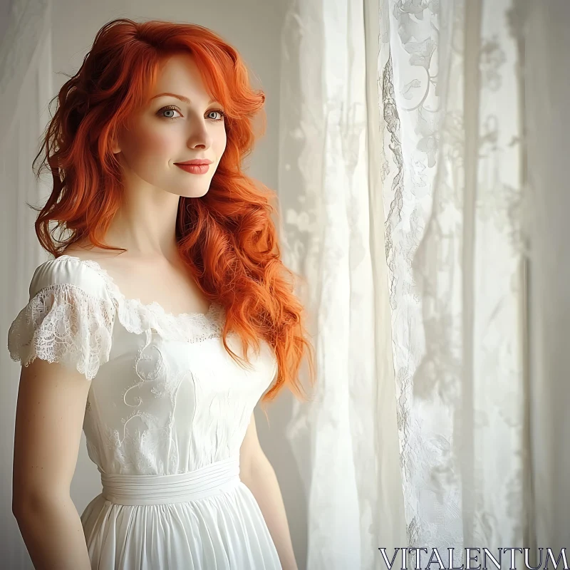 Red-Haired Woman in Delicate White Lace Dress AI Image