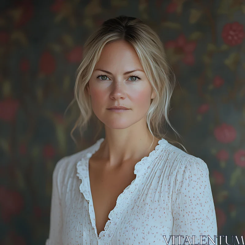 Serene Female Portrait Against Floral Background AI Image