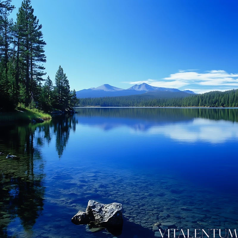 Peaceful Lake Scene with Pine Trees and Mountains AI Image