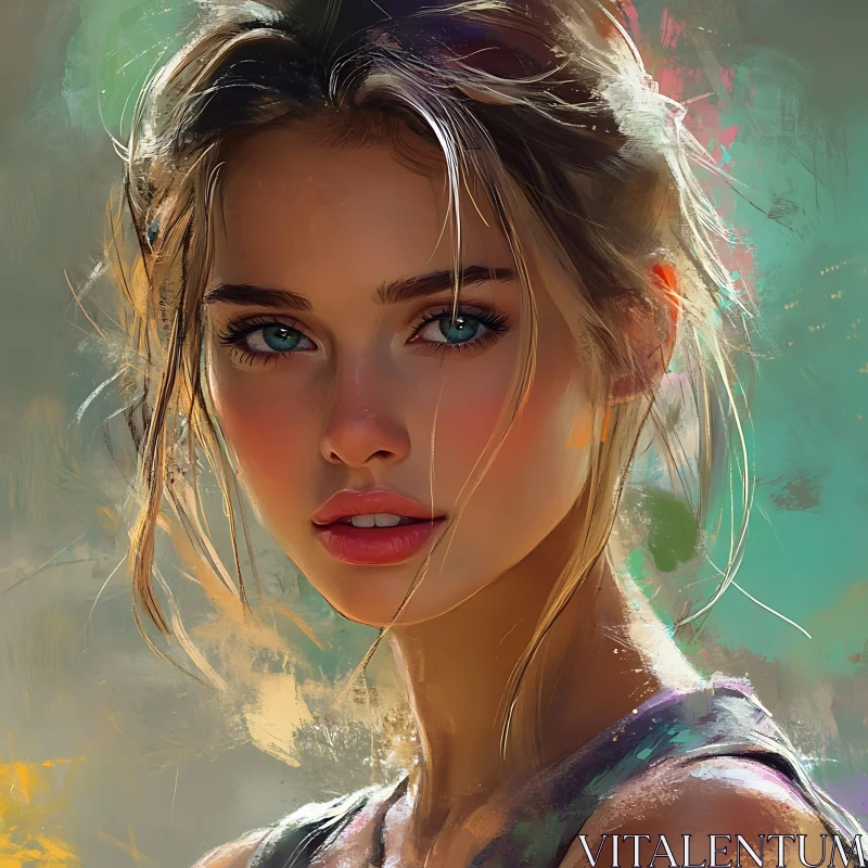 Digital Art of Young Woman with Blue Eyes AI Image