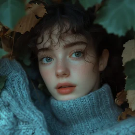 Woman Surrounded by Autumn Leaves in Blue Sweater