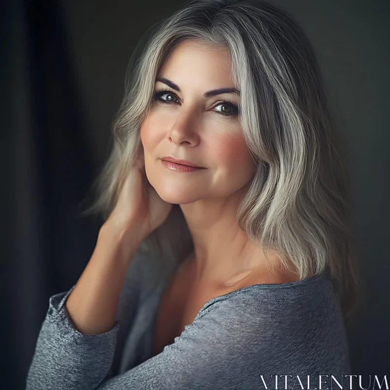 Peaceful Woman with Flowing Gray Hair AI Image